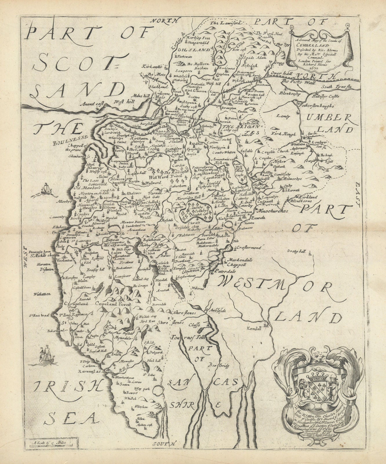A General Mapp of the Countie of Cumberland by Richard Blome 1673 old